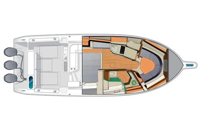 Slide: The Image of Manufacturer Provided Image: 2015 Pursuit OS 385 Offshore boat layout with triple outboard engines. - 34