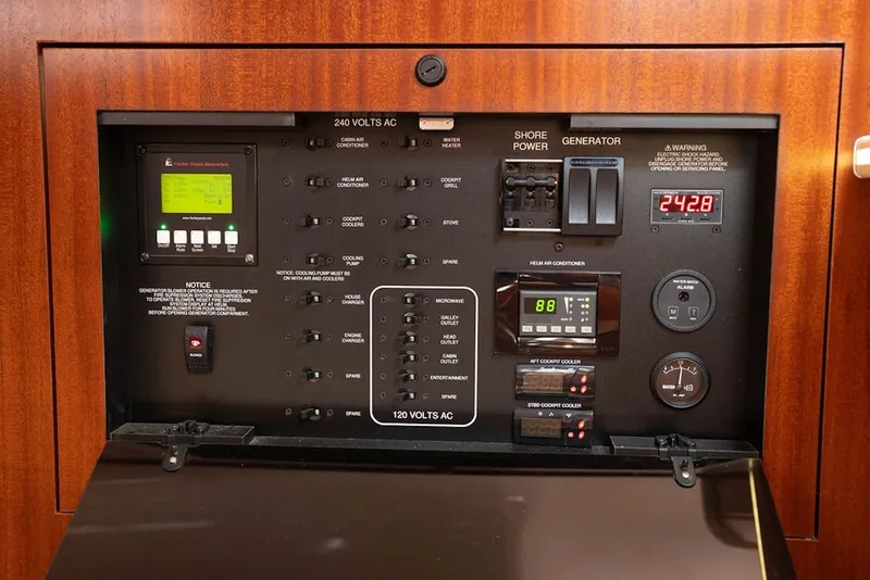Slide: The Image of Electrical control panel of 2015 Pursuit OS 385 Offshore boat, featuring various switches and gauges. - 33