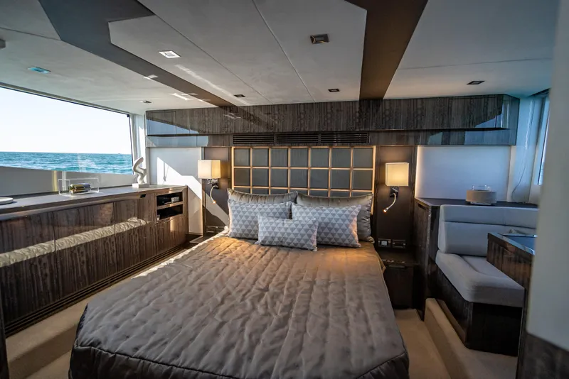 Slide: The Image of Luxurious bedroom interior of 2021 Galeon 500 Fly yacht with ocean view. - 30