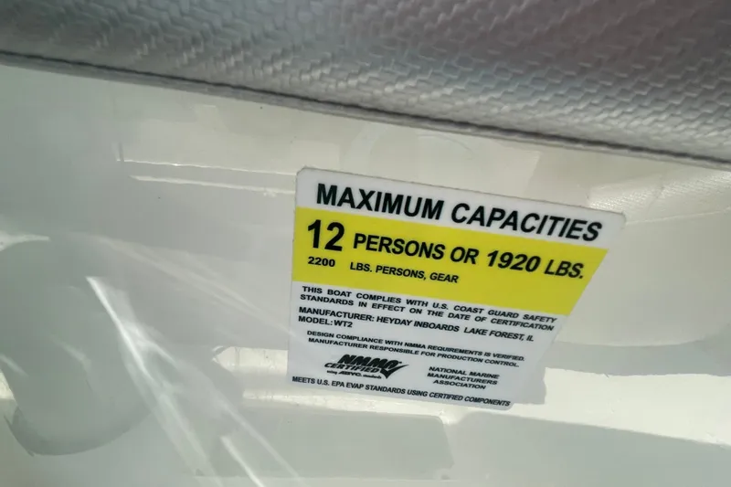 Slide: The Image of 2017 Heyday WT-2 boat capacity label, maximum 12 persons or 1920 lbs. - 5