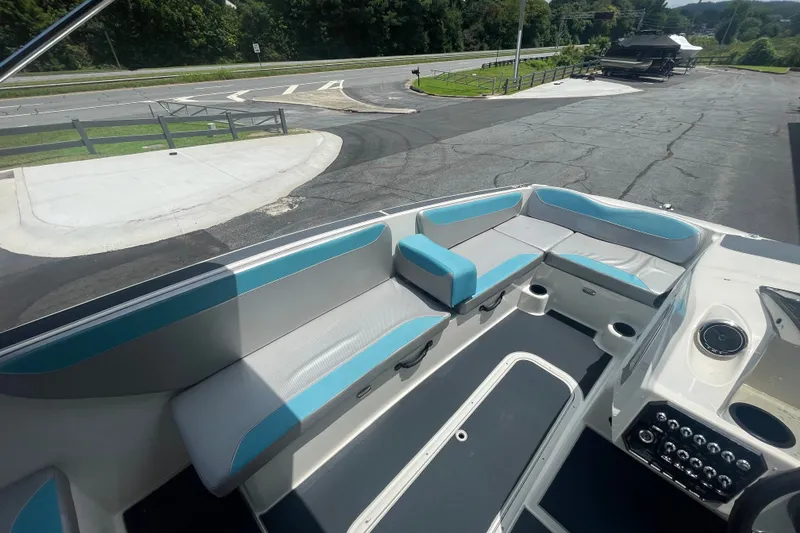 Slide: The Image of Interior of a 2017 Heyday WT-2 boat with gray and blue seating. - 11