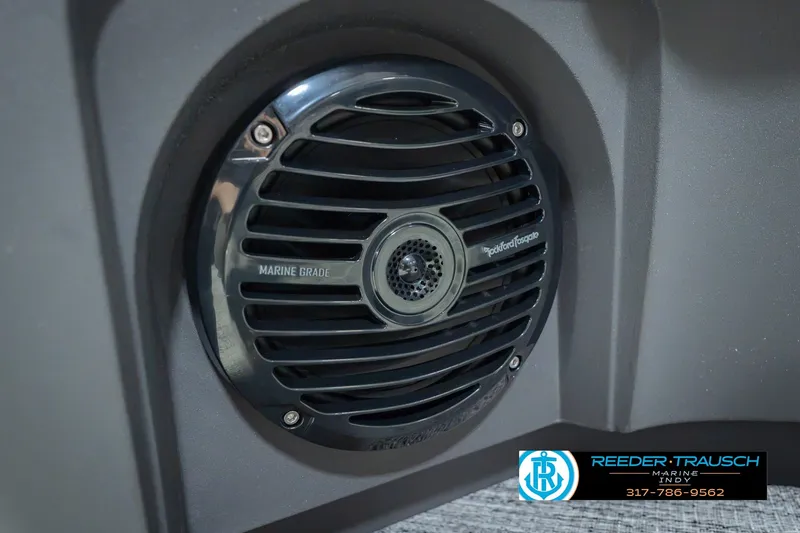 Slide: The Image of Marine-grade speaker on 2027 Bennington 22 MSB boat, featuring Rockford Fosgate design. - 53