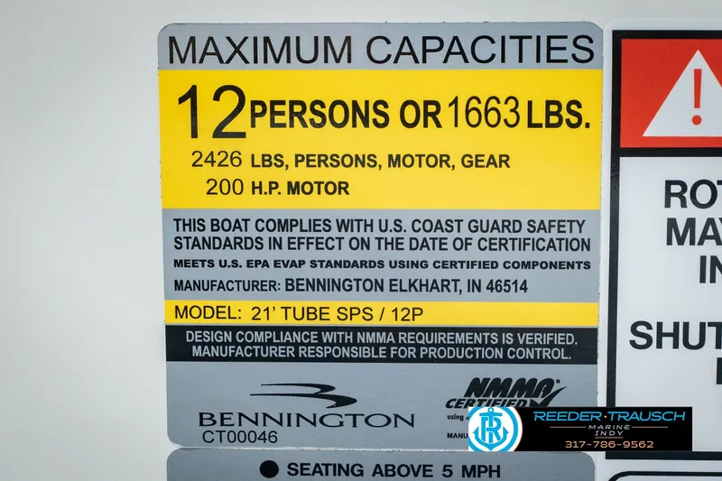 Slide: The Image of Bennington 22 MSB 2027 boat capacity label: 12 persons, 1663 lbs, 200 HP motor. - 63
