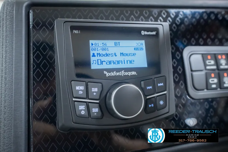Slide: The Image of Rockford Fosgate PMX-1 stereo on 2027 Bennington 22 MSB, playing "Dramamine" by Modest Mouse. - 43