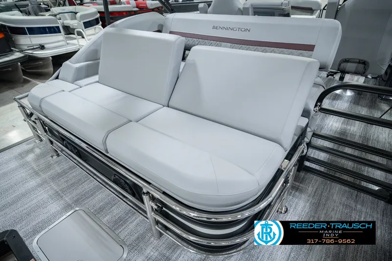 Slide: The Image of 2027 Bennington 22 MSB boat interior with sleek white seating and modern design. - 37