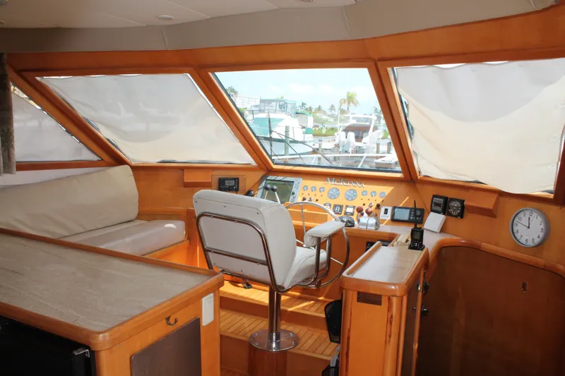 Slide: The Image of Interior of 1997 McKinna 48 Pilothouse yacht with helm and navigation equipment. - 21