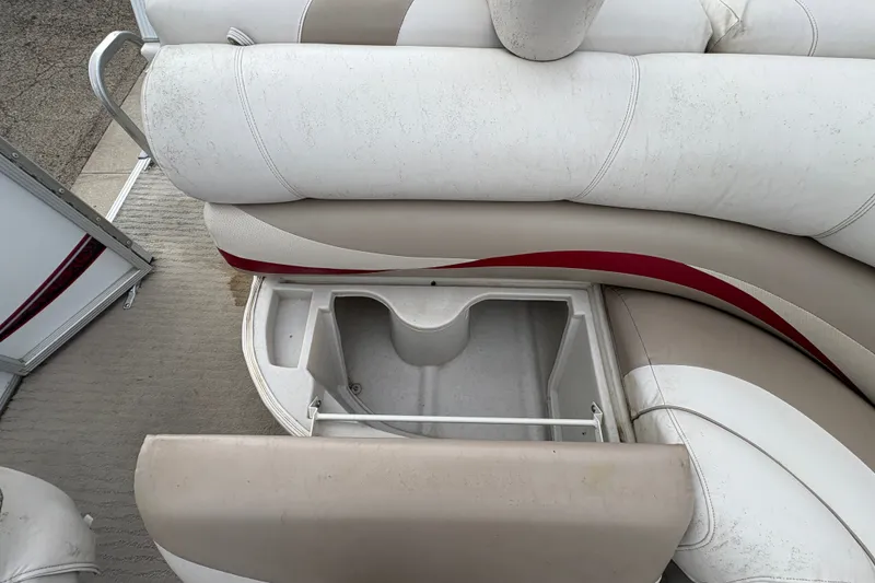 Slide: The Image of Crest 20 II 2008 boat seat with open storage compartment, beige and red upholstery. - 22