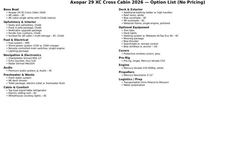 Slide: The Image of Option list for 2026 Axopar 29 XC Cross Cabin, featuring interior, electronics, and engine details. - 23