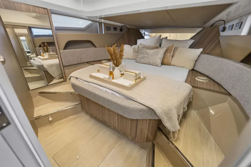 Slide: The Image of Luxurious cabin interior of 2026 Hanover 447 yacht with cozy bedding and elegant decor. - 52
