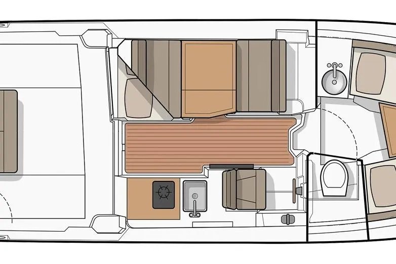Slide: The Image of Floor plan of 2027 Ranger Tugs R-23 boat, featuring seating, kitchenette, and bathroom layout. - 24