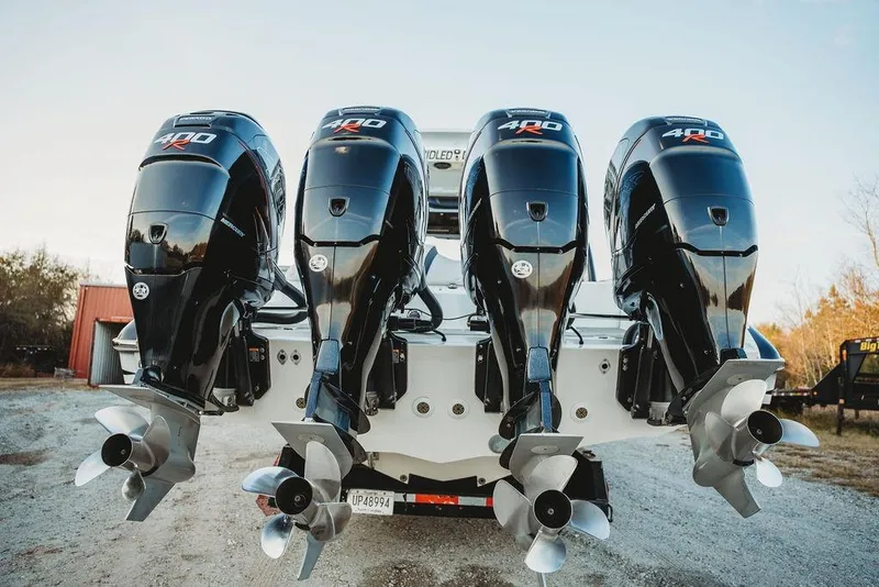 Slide: The Image of 2018 MTI 57 boat with four powerful Mercury 400R outboard engines. - 3