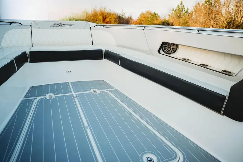 Slide: The Image of Luxurious interior of a 2018 MTI 57 boat with sleek seating and modern design. - 67