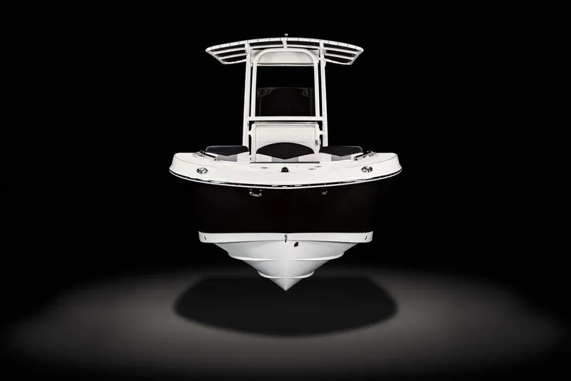 Slide: The Image of Manufacturer Provided Image: 2025 Robalo R202 Explorer boat, front view, sleek design, black background. - 7