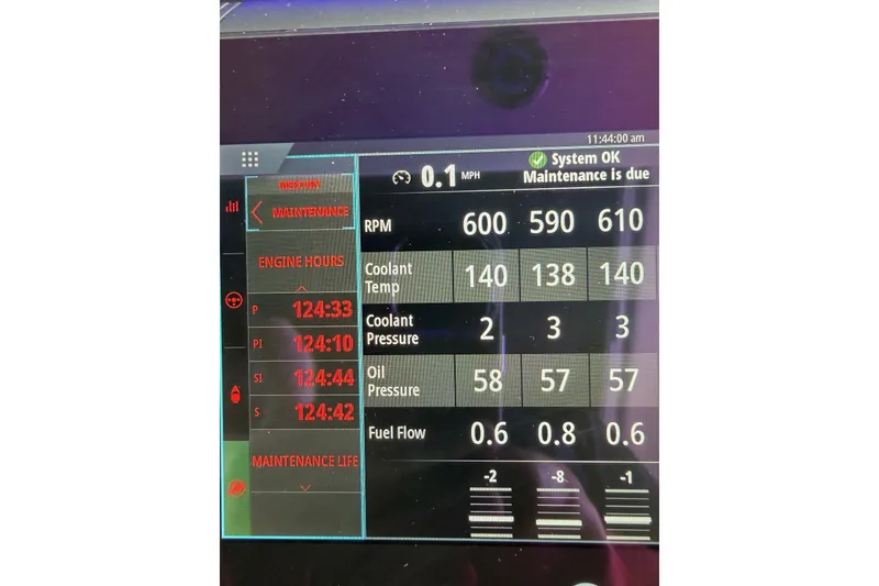 Slide: The Image of Dashboard display of a 2021 Formula 430 Super Sport Crossover showing engine metrics and maintenance alert. - 35