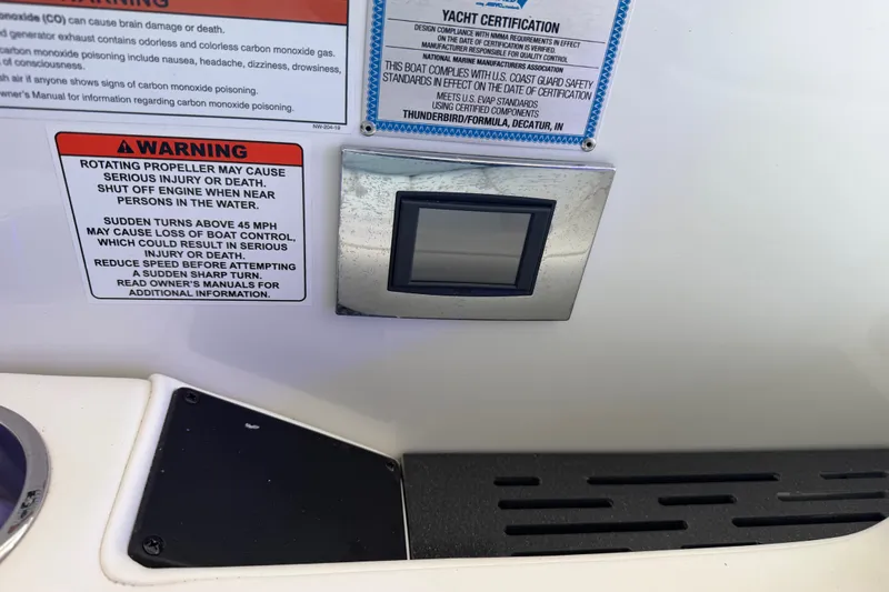 Slide: The Image of Warning labels and yacht certification on a 2021 Formula 430 Super Sport Crossover boat. - 37