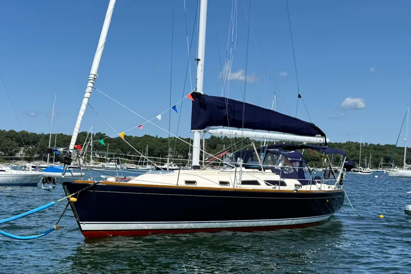 The Image of Sailboat Sabre 386, 2009 model, anchored in a scenic harbor under a clear blue sky. - 0