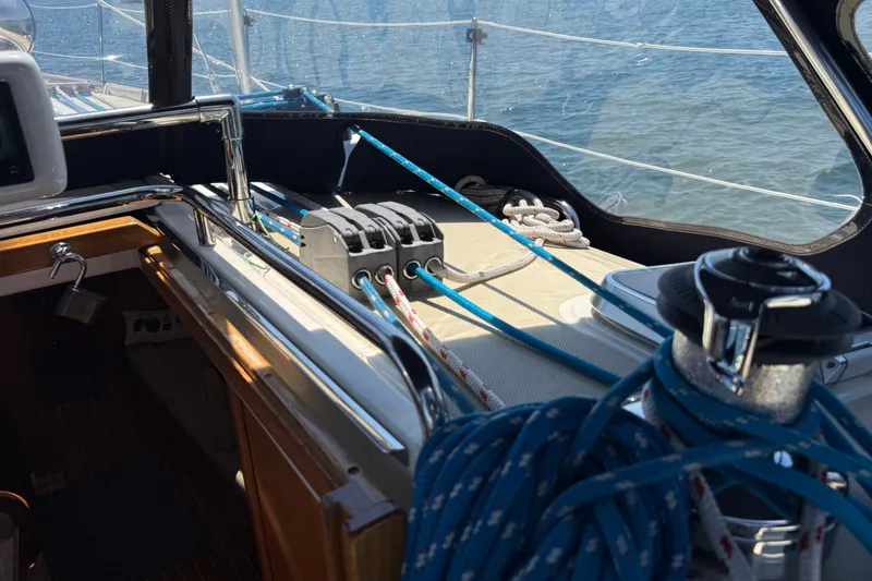Slide: The Image of Cockpit view of 2009 Sabre 386 sailboat with ropes and winch. - 83