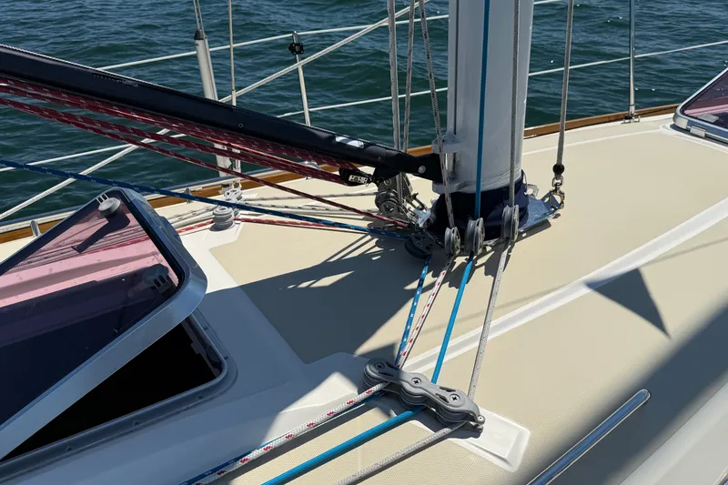 Slide: The Image of Sailboat deck of 2009 Sabre 386 with rigging and open hatch. - 71