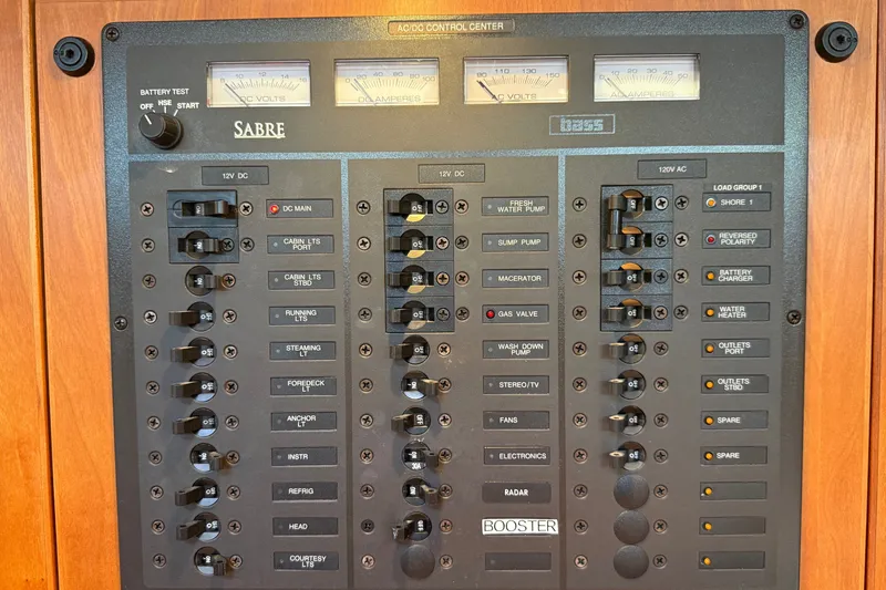 Slide: The Image of Electrical control panel of a 2009 Sabre 386 boat with various switches and gauges. - 18