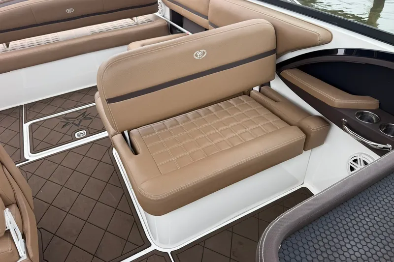 Slide: The Image of Luxurious interior seating of 2020 Cobalt 30SC boat with brown leather upholstery. - 18