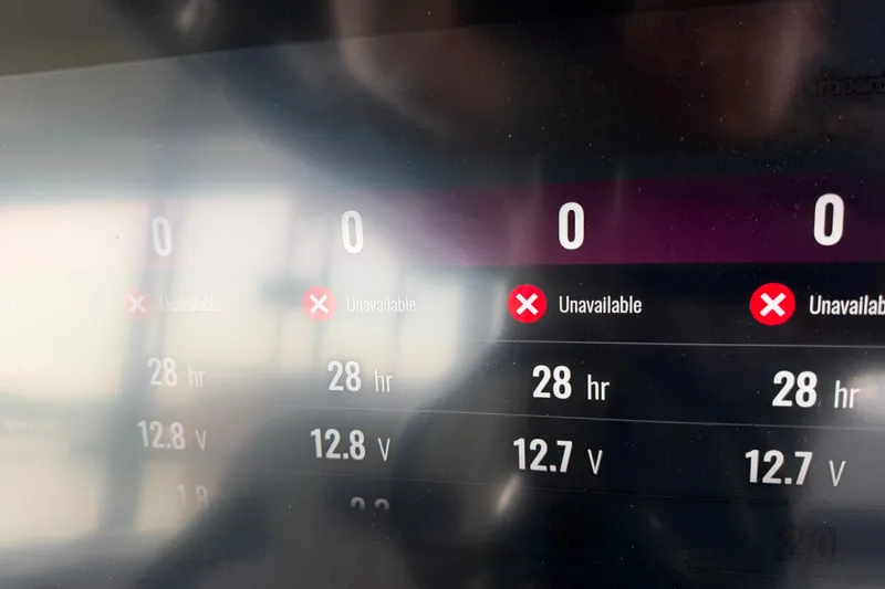 Slide: The Image of Dashboard display of Nor-Tech 42 Eleven 2027 showing unavailable data and voltage readings. - 32