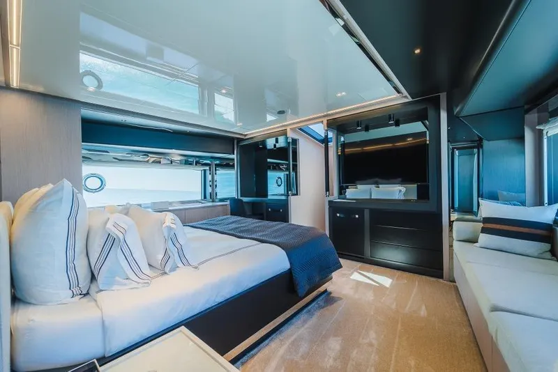 Slide: The Image of Luxurious interior of 2022 Riva 90' Argo yacht with modern bedroom design. - 17