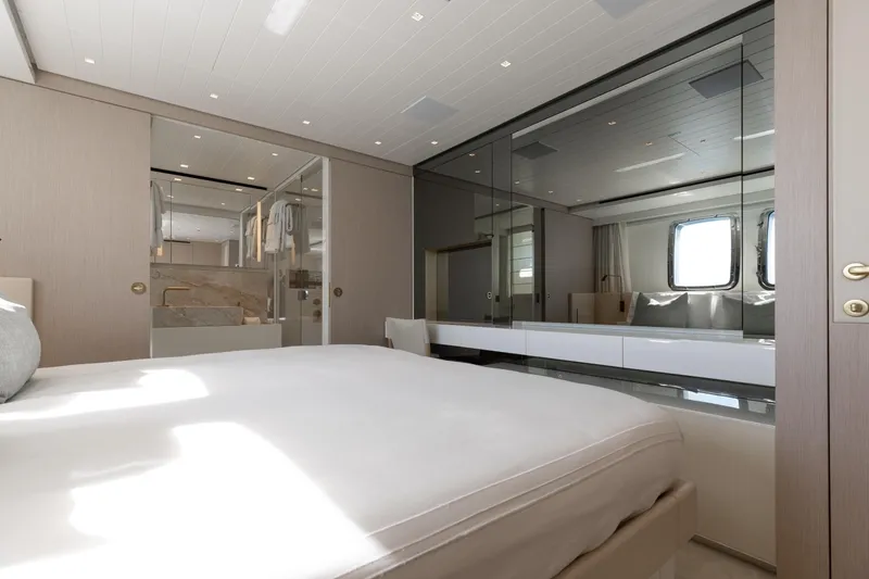 Slide: The Image of Luxurious bedroom interior of 2022 Sanlorenzo SL106A yacht with modern design and natural light. - 18