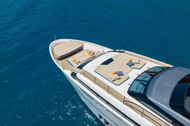Slide: The Image of Luxurious 2022 Sanlorenzo SL106A yacht with spacious sun deck on blue ocean waters. - 40