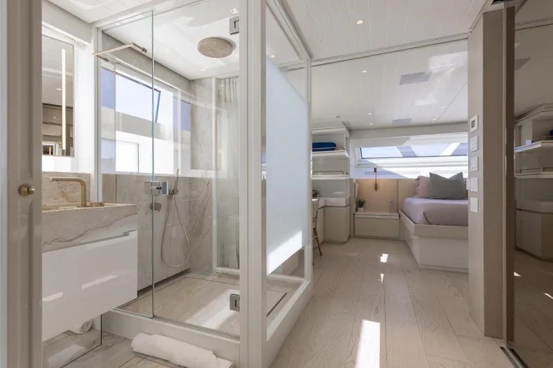 Slide: The Image of Luxurious 2022 Sanlorenzo SL106A yacht interior with modern bathroom and bedroom design. - 15