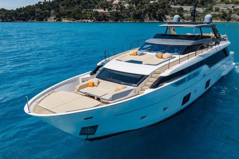 Slide: The Image of Luxurious 2022 Sanlorenzo SL106A yacht cruising in clear blue waters. - 41
