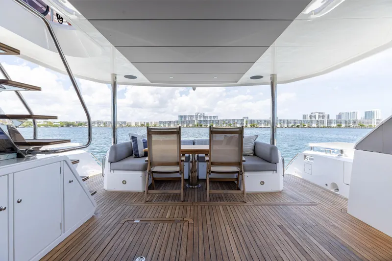 Slide: The Image of Luxurious Sunseeker 76 Yacht 2022 deck with elegant seating and scenic waterfront view. - 29