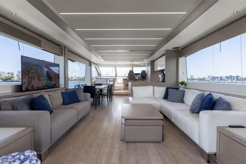 Slide: The Image of Luxurious interior of 2022 Sunseeker 76 Yacht with modern furnishings and panoramic windows. - 34