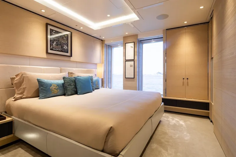 Slide: The Image of Luxurious bedroom interior on Alia Yachts 60M, 2016 model, featuring elegant design and ocean view. - 11