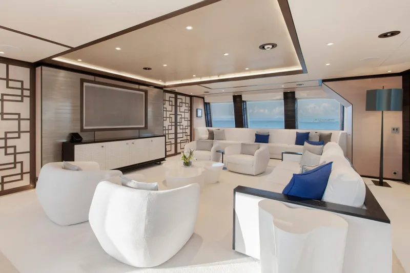 Slide: The Image of Luxurious interior of 2016 Alia Yachts 60M with modern white and blue decor. - 15