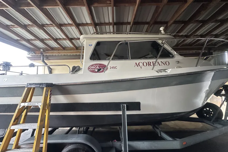 The Image of 1999 Skagit Orca 24 boat on trailer under a metal roof, with ladder beside it. - 0