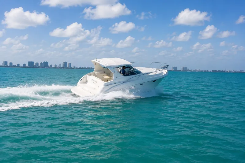 Slide: The Image of 2001 Wellcraft 3300 Martinique cruising on blue ocean with city skyline in background. - 31