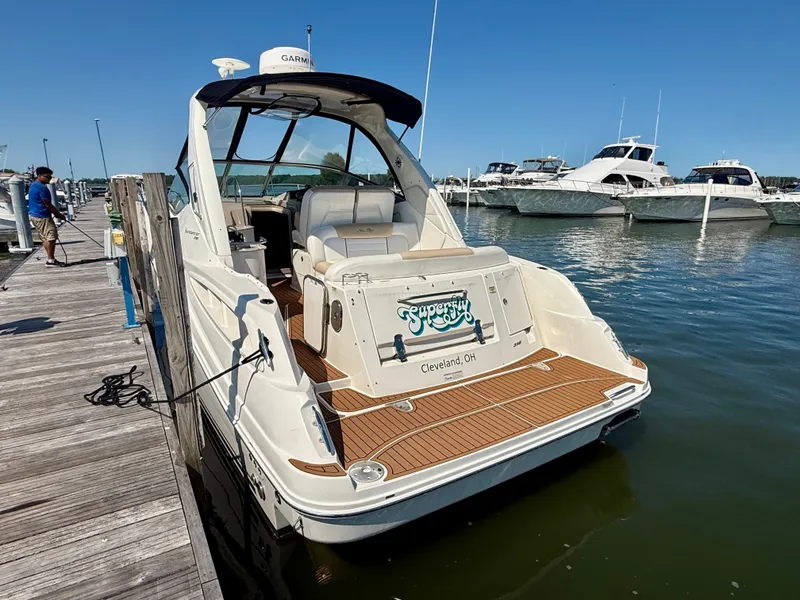 Slide: The Image of A 2009 Sea Ray Sundancer 310 docked. It features a spacious cockpit and swim platform. - 1
