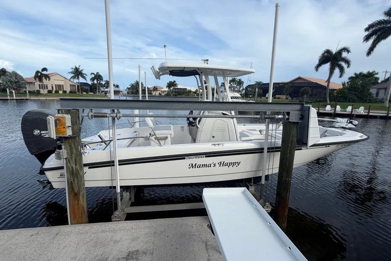 Slide: The Image of 2016 Boston Whaler 240 Dauntless boat docked by waterfront homes. - 2