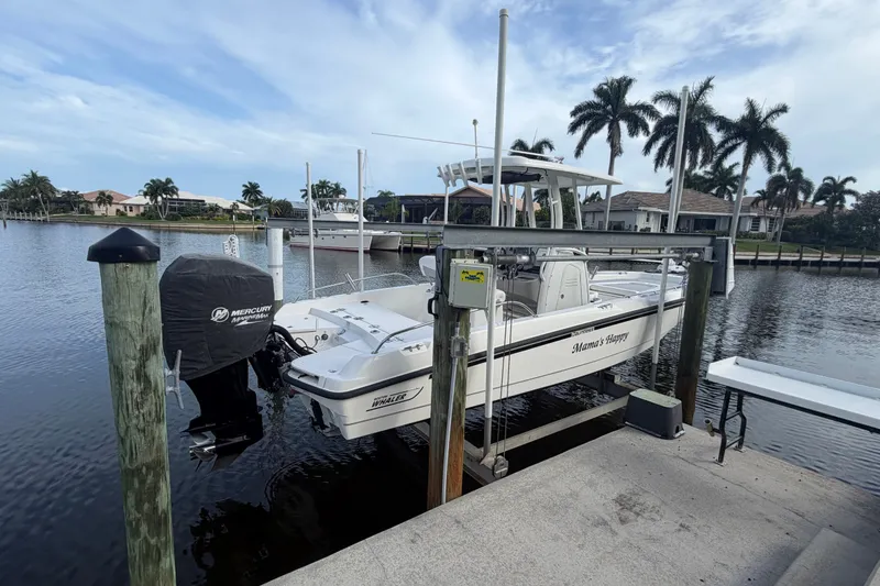 Slide: The Image of 2016 Boston Whaler 240 Dauntless boat docked by waterfront homes and palm trees. - 3