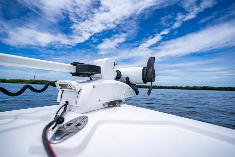 Slide: The Image of 2018 Dorado 25 SE boat with trolling motor on calm water under blue sky. - 26