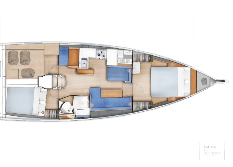 Slide: The Image of Floor plan of 2021 Jeanneau Sun Odyssey 410 sailboat, featuring cabins and living areas. - 16