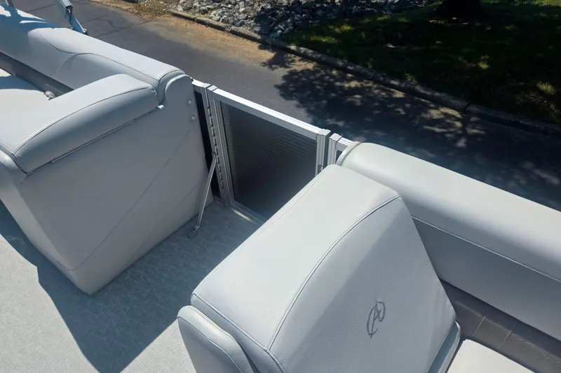 Slide: The Image of 2020 Avalon LSZ Cruise Rear Bench boat interior with gray seating and sleek design. - 12
