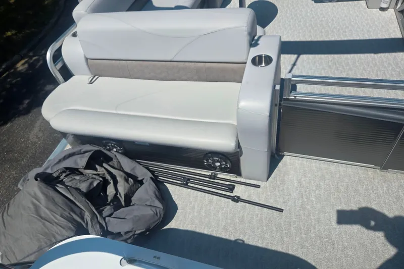 Slide: The Image of 2020 Avalon LSZ Cruise Rear Bench with gray upholstery and accessories on deck. - 20