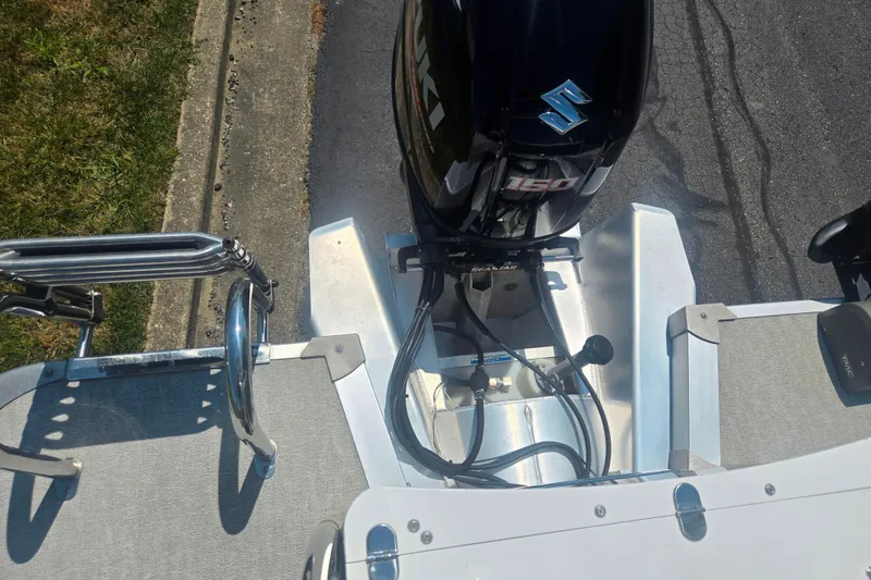 Slide: The Image of 2020 Avalon LSZ Cruise Rear Bench boat with Suzuki 150 engine, viewed from above. - 19