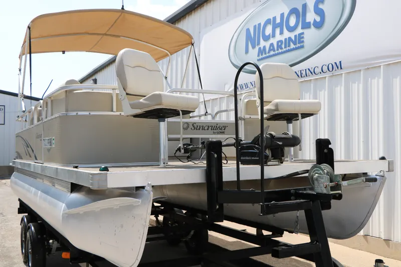 Slide: The Image of 2011 Sun Cruiser GS202 pontoon boat on trailer at Nichols Marine dealership. - 3