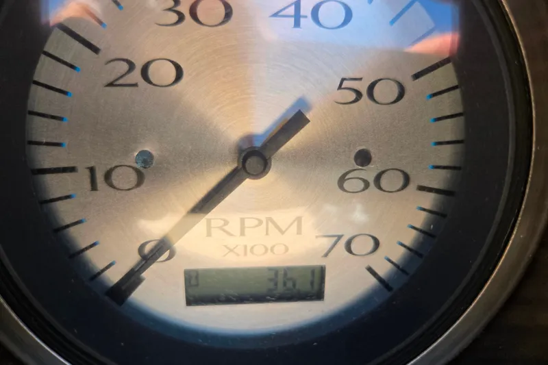 Slide: The Image of Close-up of a Bennington L24 2022 RPM gauge displaying 36.1. - 9