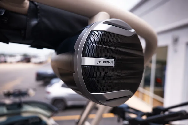 Slide: The Image of Meridian speaker on 2027 MasterCraft NXT23 boat, showcasing premium audio equipment. - 36