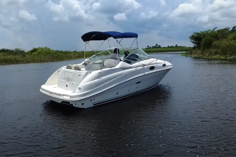 The Image of 2007 Sea Ray 240 Sundancer boat cruising on a calm waterway under a cloudy sky. - 5