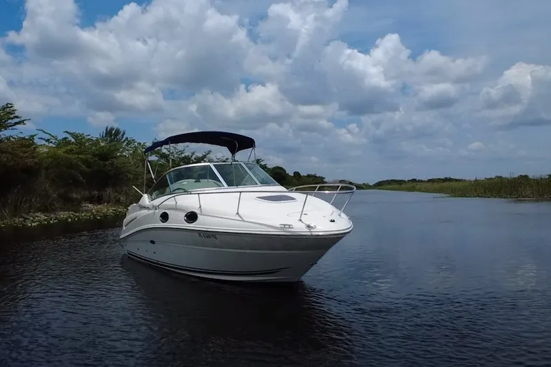 Slide: The Image of 2007 Sea Ray 240 Sundancer boat cruising on a calm river under a cloudy sky. - 16