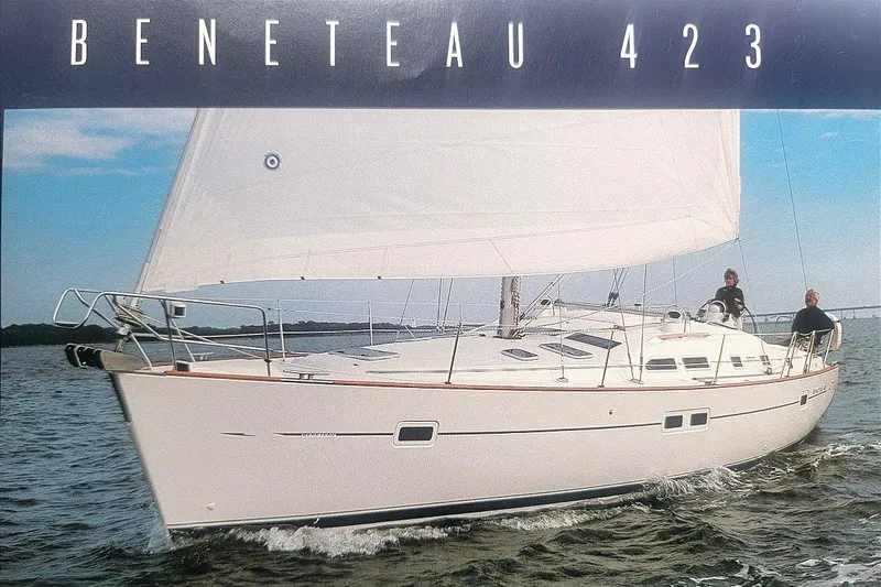 Slide: The Image of 2003 Beneteau 423 sailboat cruising on open water under clear skies. - 33
